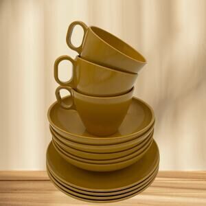12 Pc Boonton Melamine Cups, Dishes & Bowls - Set In Dark Harvest Gold MCM